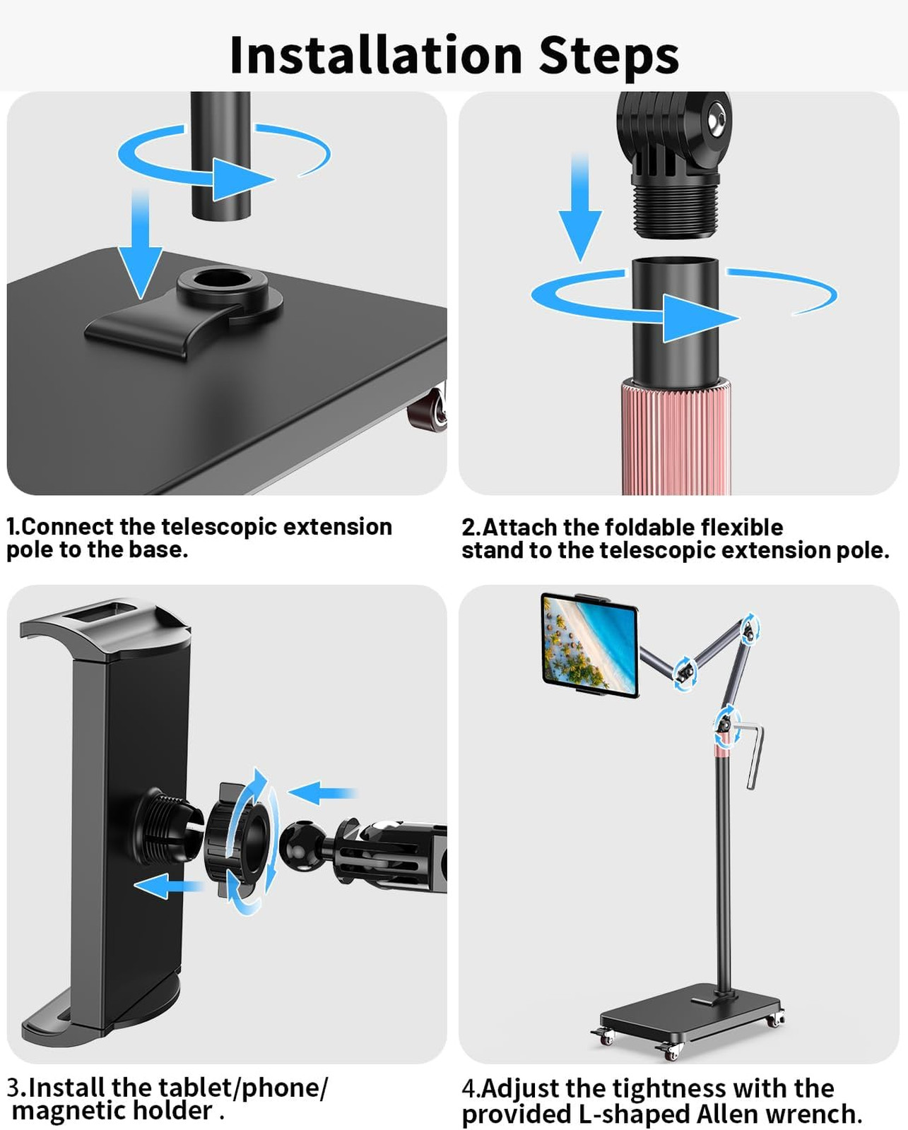 Rolling Tablet Floor Stand with Wheels, Adjustable Aluminum Arm, 360° Rotation