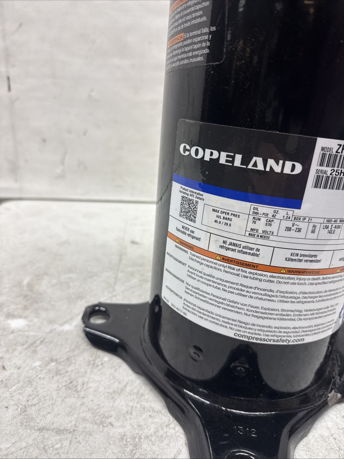 Copeland ZP51LXE-PFV-800 Hermetic Scroll Compressor R410A, 51,000BTU, 208/230Vac