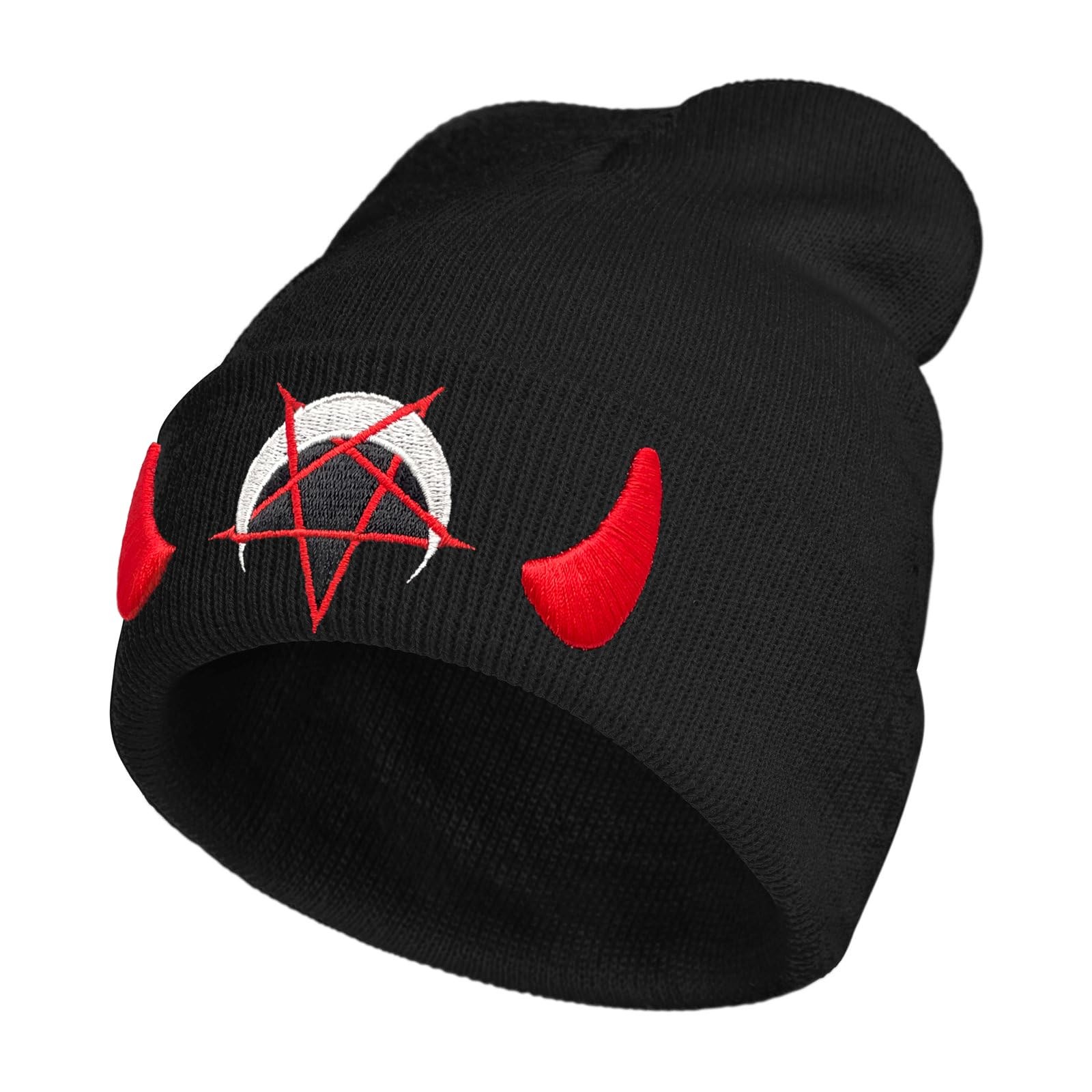 Goth Spooky Horror Demon Devil Horned Embroidery Beanie Black Knit Hat for Me...