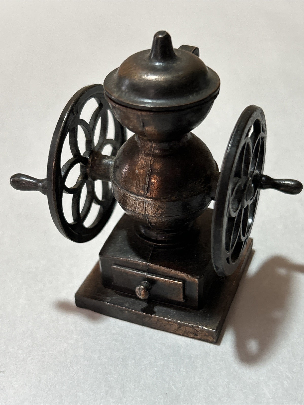 Vtg Miniature Bronze Grain Mill Die Cast Metal Pencil Sharpener Doll Accessory