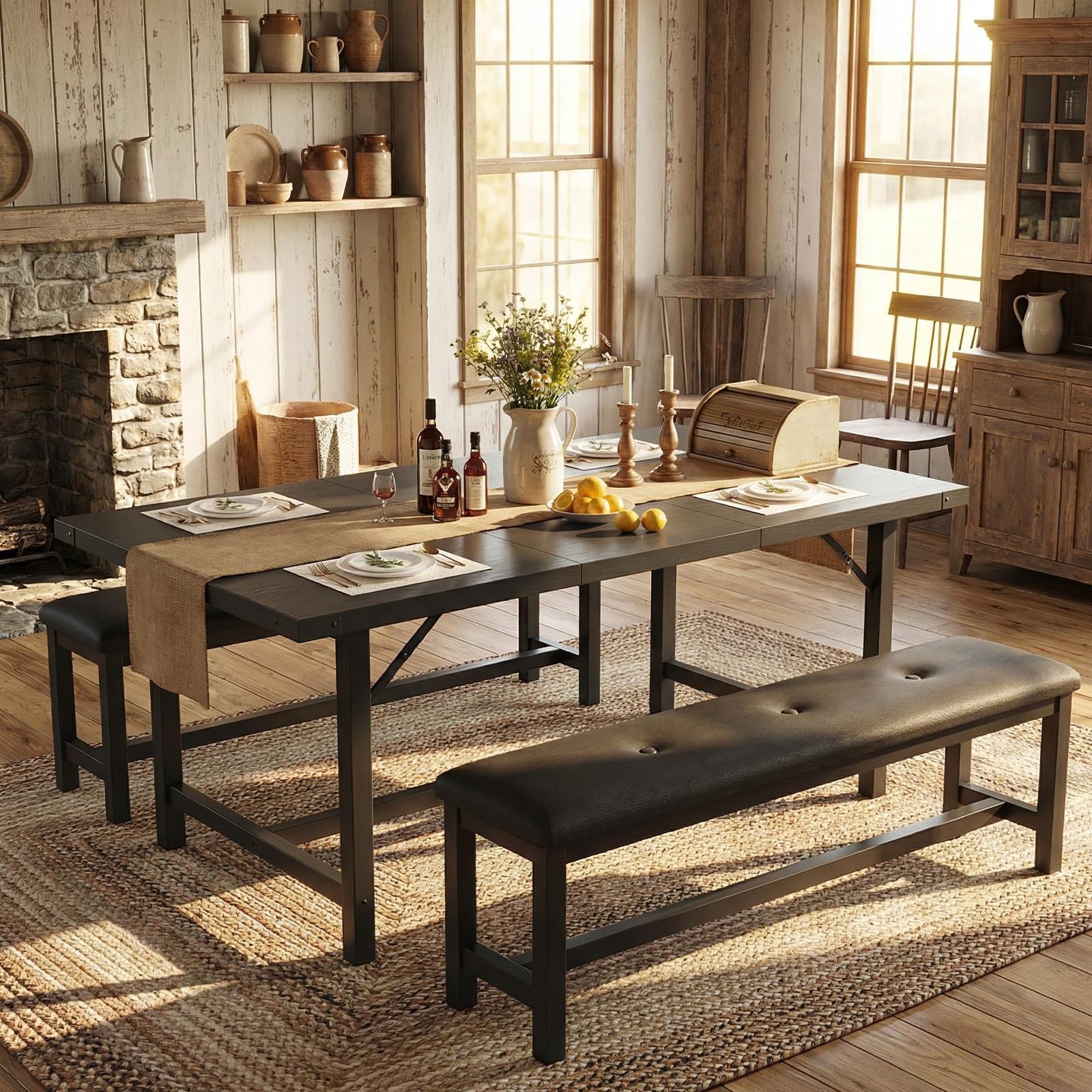 5 Piece Extendable Dining Table Set for 4-6, Kitchen Table & 2 Upholstered Be...