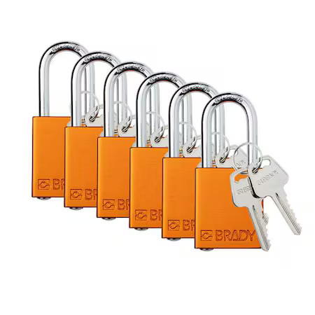 Brady Sdal-Org-38St-Kd6 Padlock, Keyed Different, Aluminum, Orange, 1 1/2 In