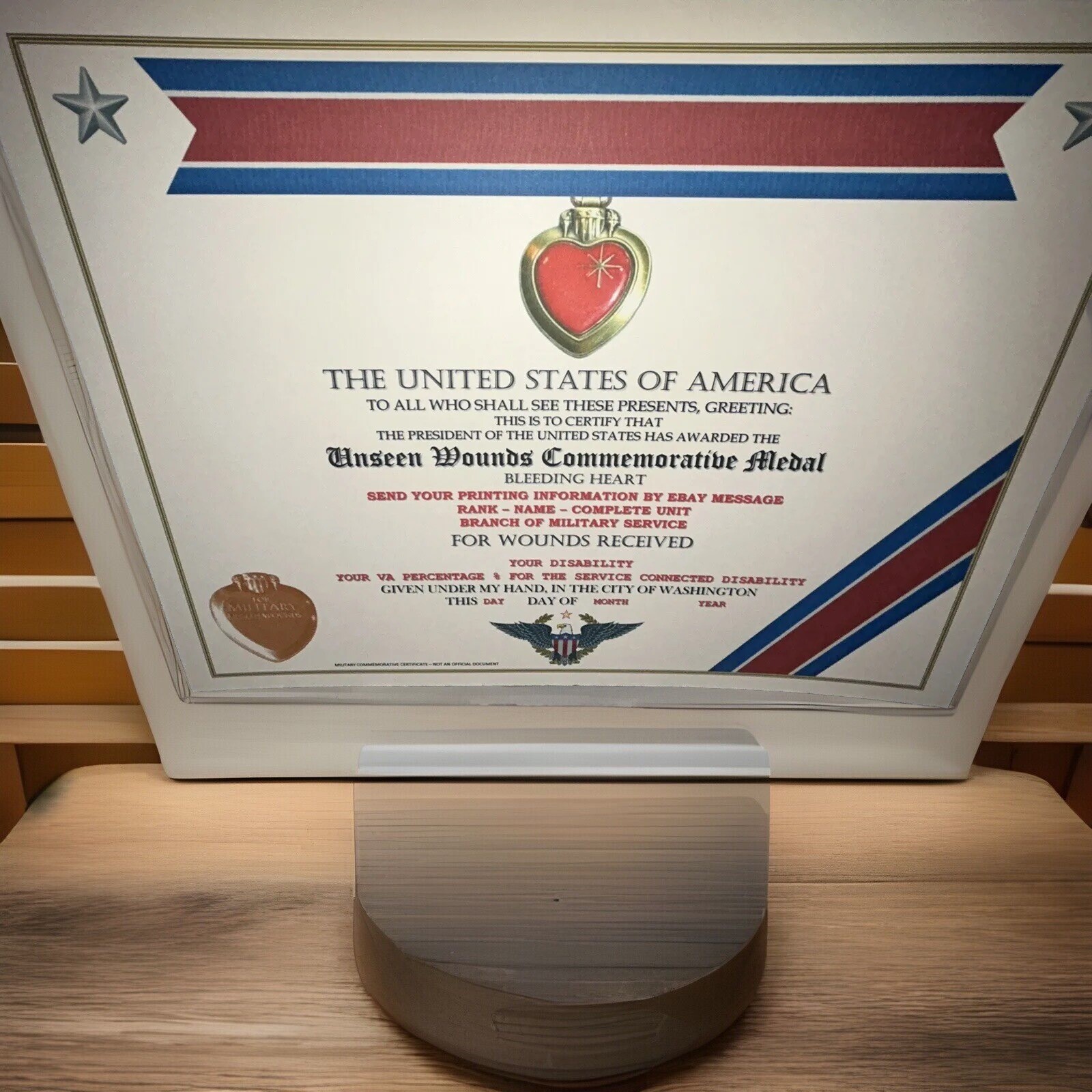 UNSEEN WOUNDS MEDAL - BLEEDING HEART COMMEMORATIVE CERTIFICATE~W/PRINTING TYPE-1