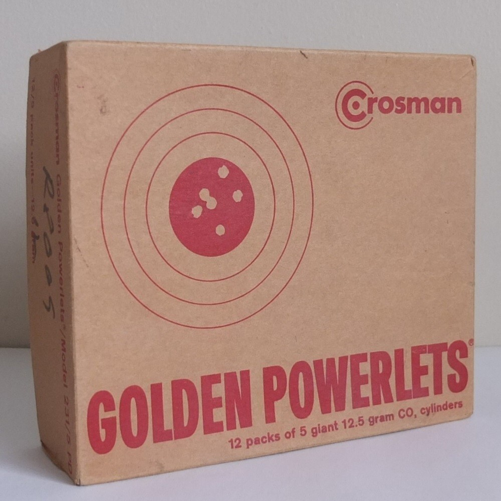 vintage Crosman Golden CO2 Powerlets empty 12 pk. box c.1960—nice airgun display