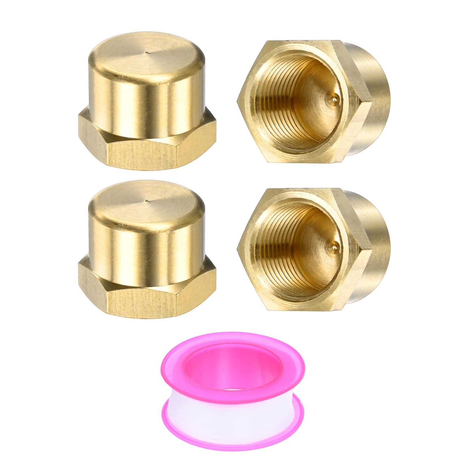 4-Pack Brass Pipe Fitting, 3/8 " NPT Female Thread Hex End Cap with Sealing Tape