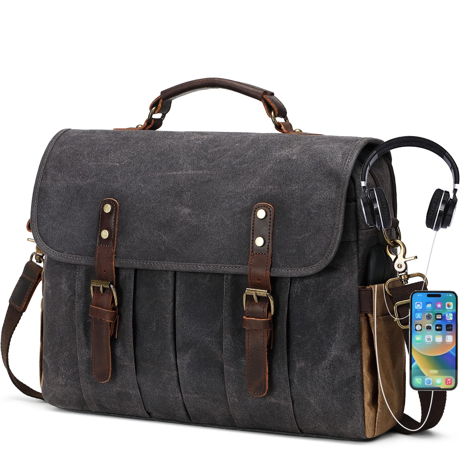 Messenger Bag for Men 15.6 Inch Vintage Canvas Genuine Leather Briefcase for ...
