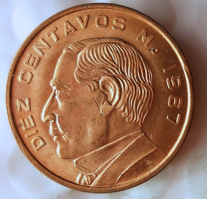 1967 MEXICO 10 CENTAVOS - AU/UNC RED  - Great Coin - FREE SHIP -Mexico Bin #3