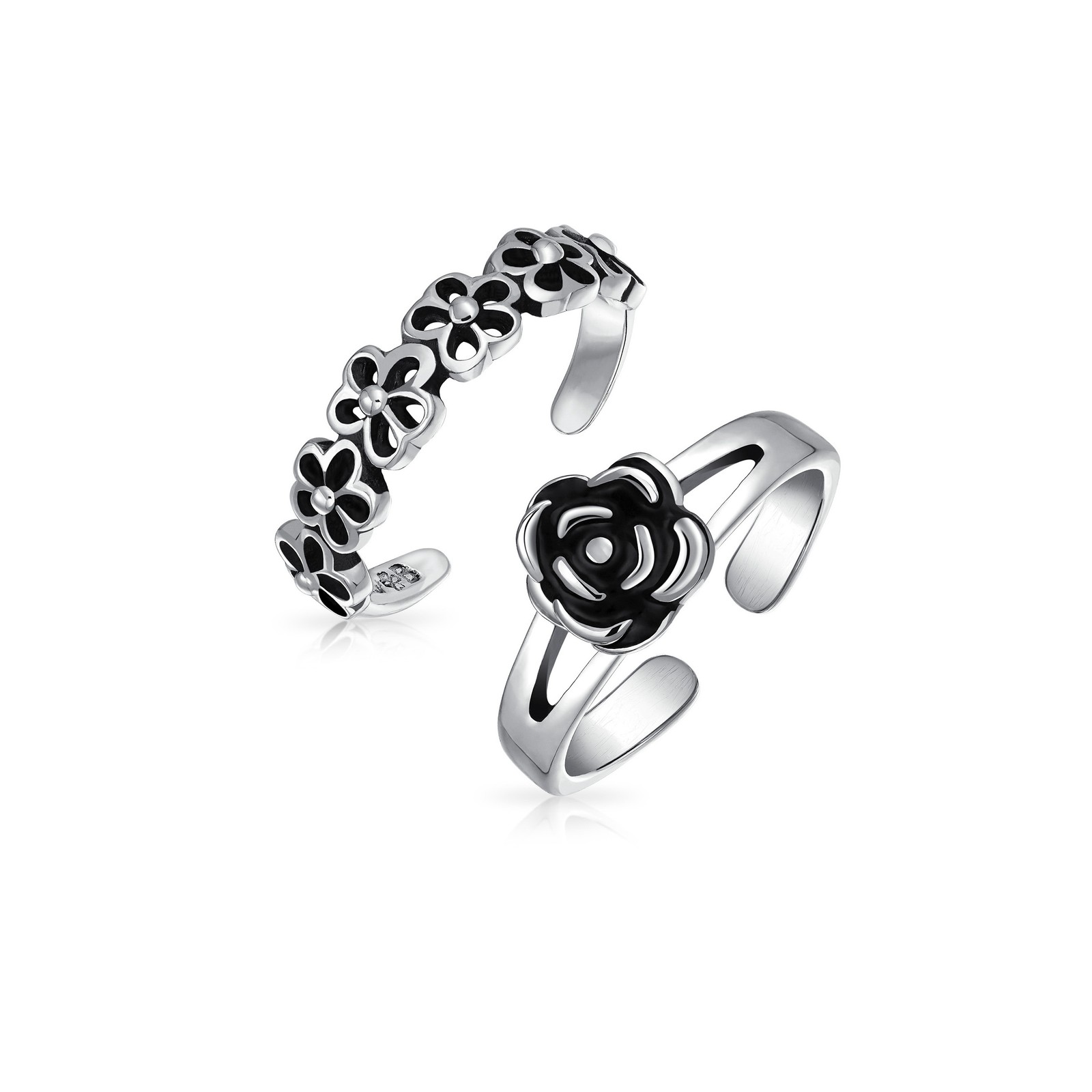 Set of 2 Daisy Flower and Black Rose Midi Band Toe Ring Oxidized Sterling Silver