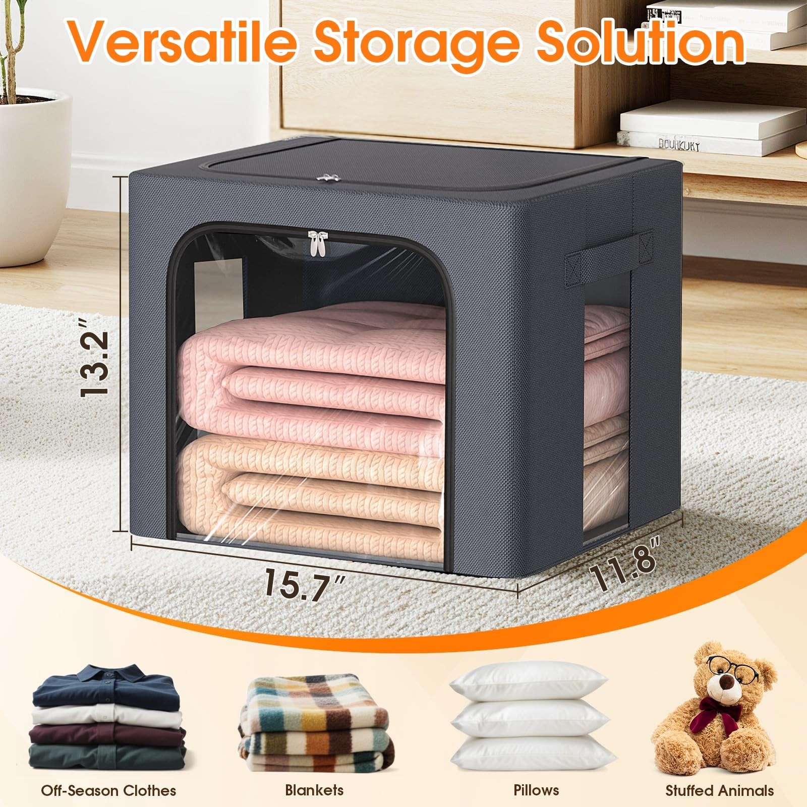 6 Pack Fabric Storage Bins with Metal Frame, 40L Organizer Bags, Clear Window, Z