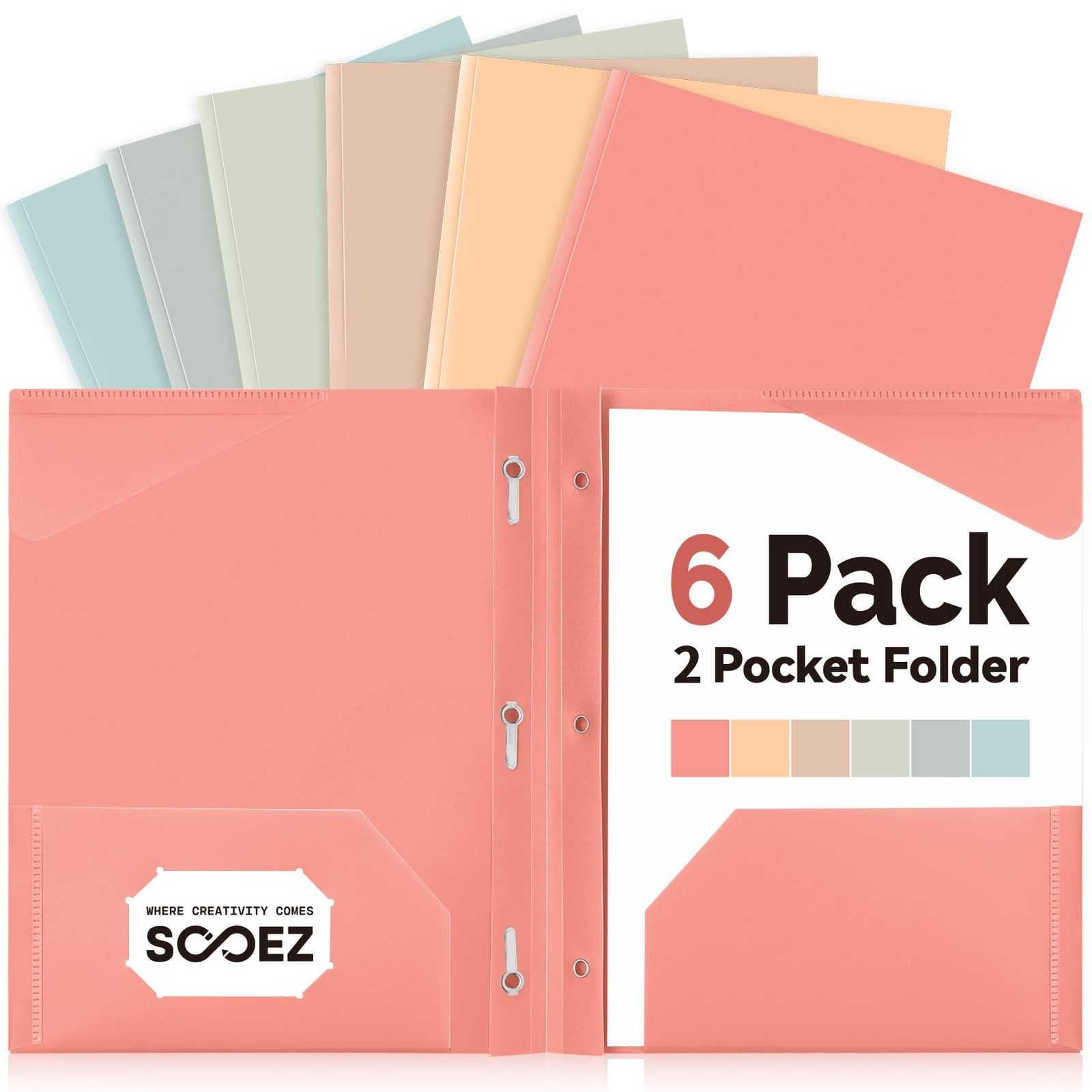 Plastic Folders with Pockets and Prongs, 6 Pack Pocket Folders with Prongs, H...