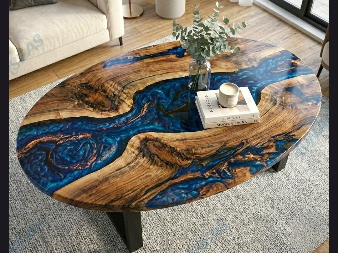 Handcrafted Blue Epoxy Resin Acacia Wood Oval River Coffee Table