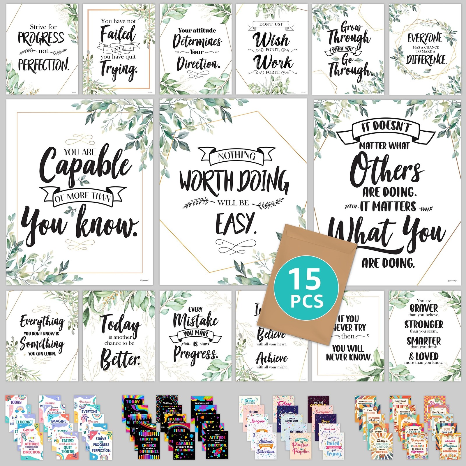 Decorably 15 Eucalyptus Classroom Decor, 11x14in Matte-Laminated Inspirationa...