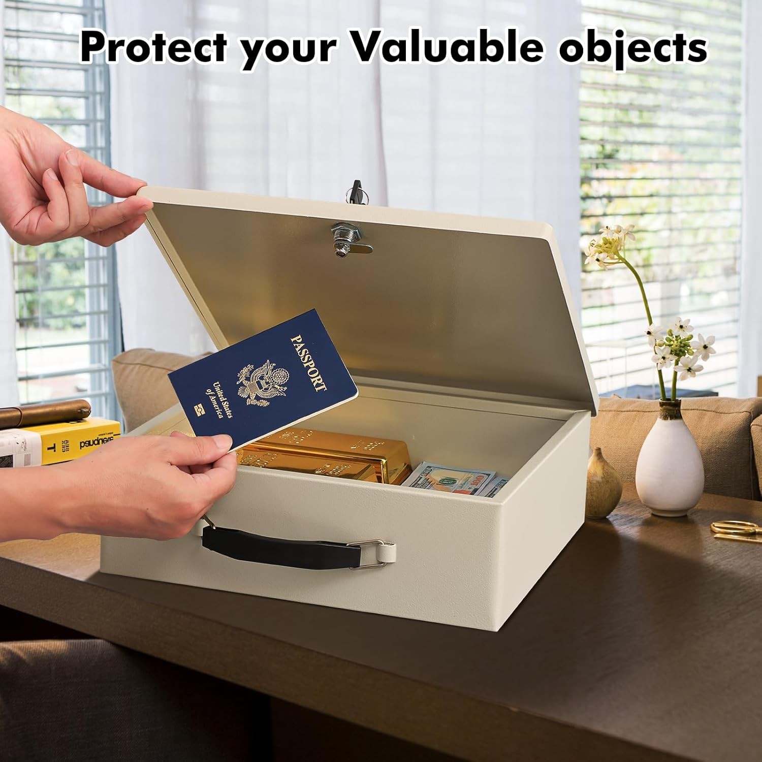 KYODOLED Fireproof Document Box with Key Lock, Small Safe Medium, Beige
