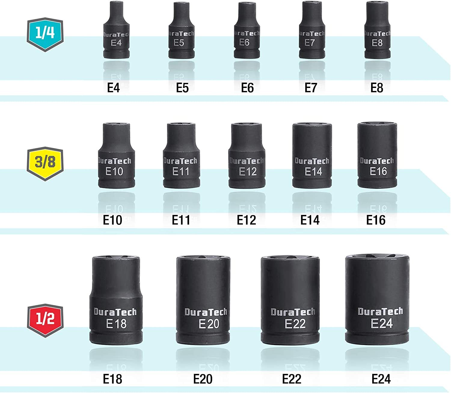 DURATECH 14PC Female E-Torx Torque Socket Star Impact Socket E4-E24 1/4"-1/2" Dr