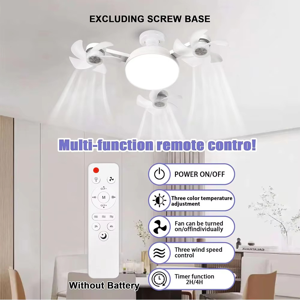 LED Socket Ceiling Fan with Light & Remote E27 Screw In Smart Mini Fan