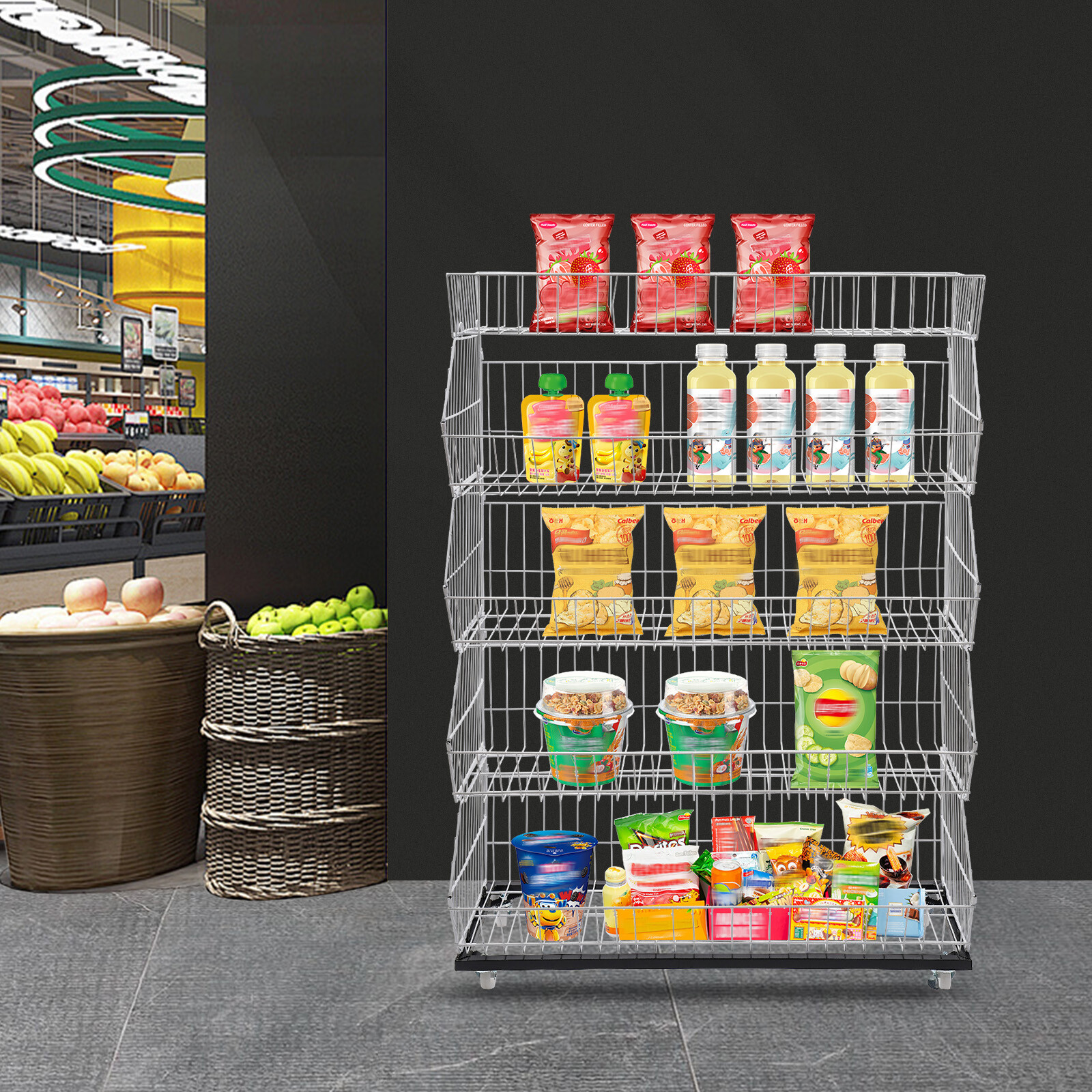 5 Tier Wire Grid Retail Display Shelf Merchandise Display Rack Stand w/4 Pulleys