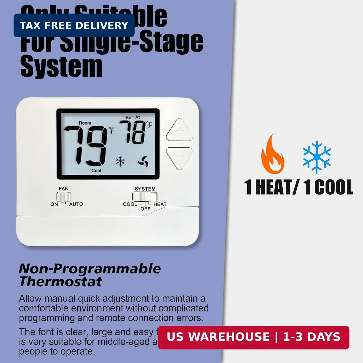 Heagstat Non-Programmable Thermostat for Home Conventional Single-Stage System,