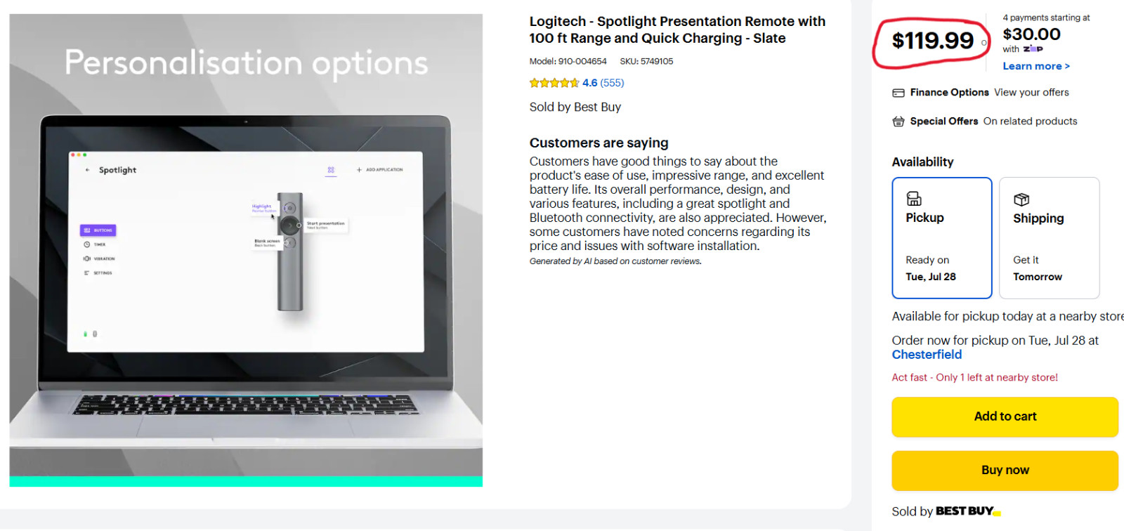 Logitech Spotlight Presentation Pointer Remote, 910-004654, Slate, Never Used