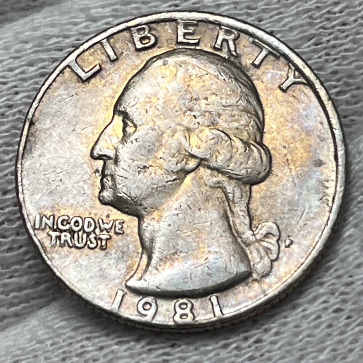 1981 P Washington Quarter Errors DDR Strike Through Grease Rainbow Toning