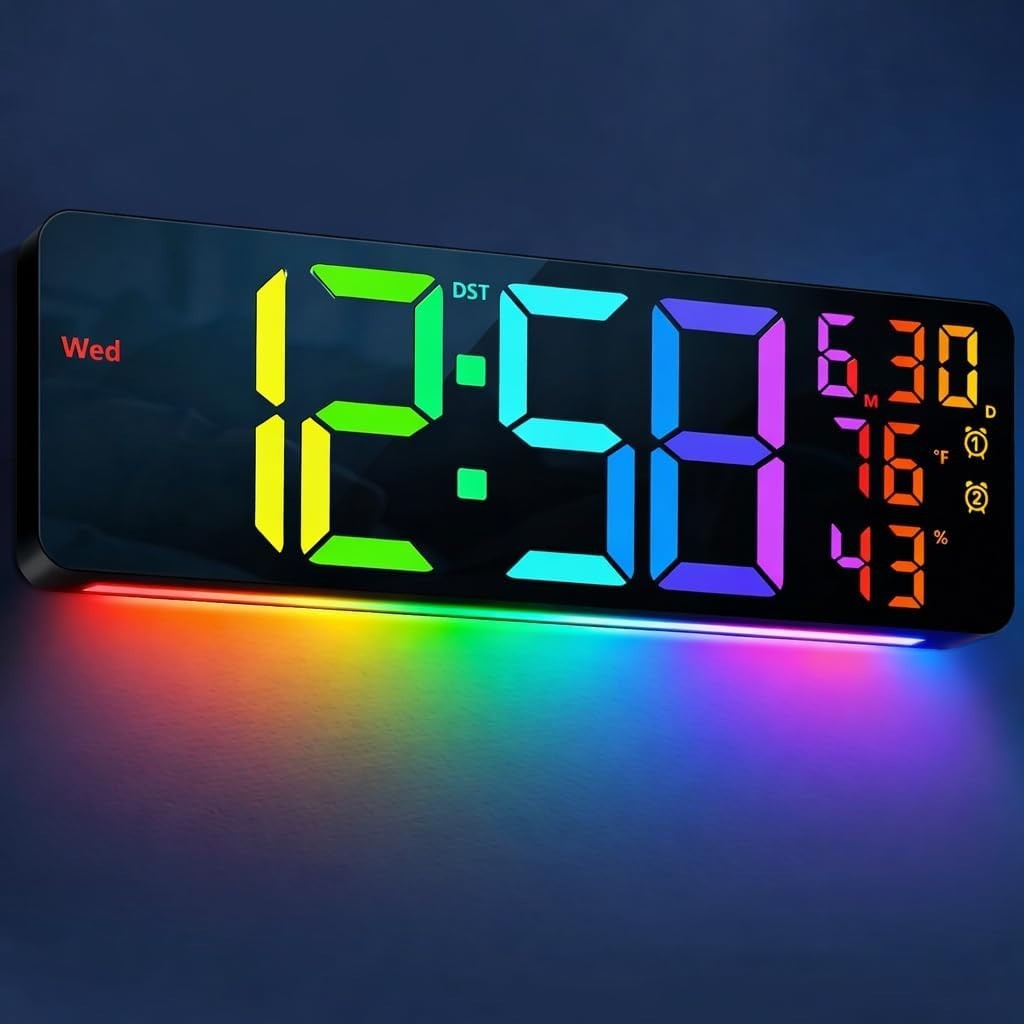 17.3" Large Digital Wall Mount Clock, Digital Clock with Remote Control, Alar...