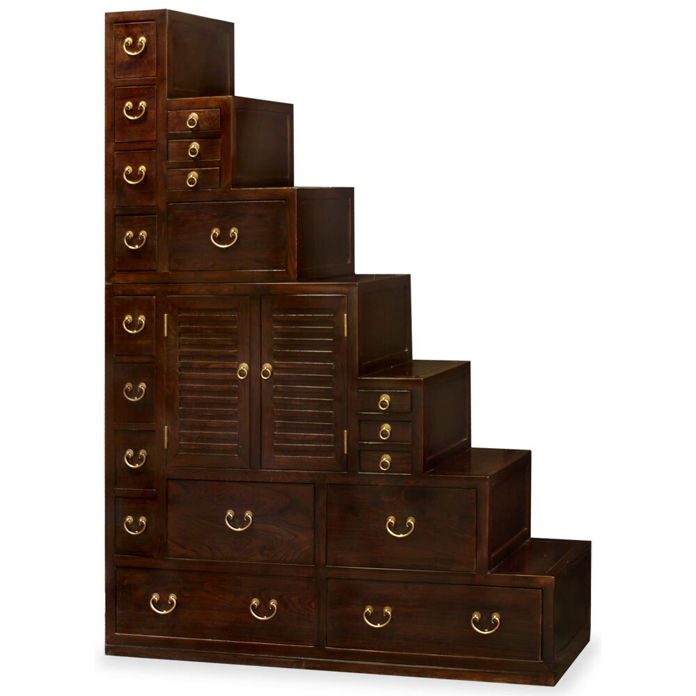 US Seller - Dark Espresso Finish Elmwood Grand Japanese Step Tansu Chest