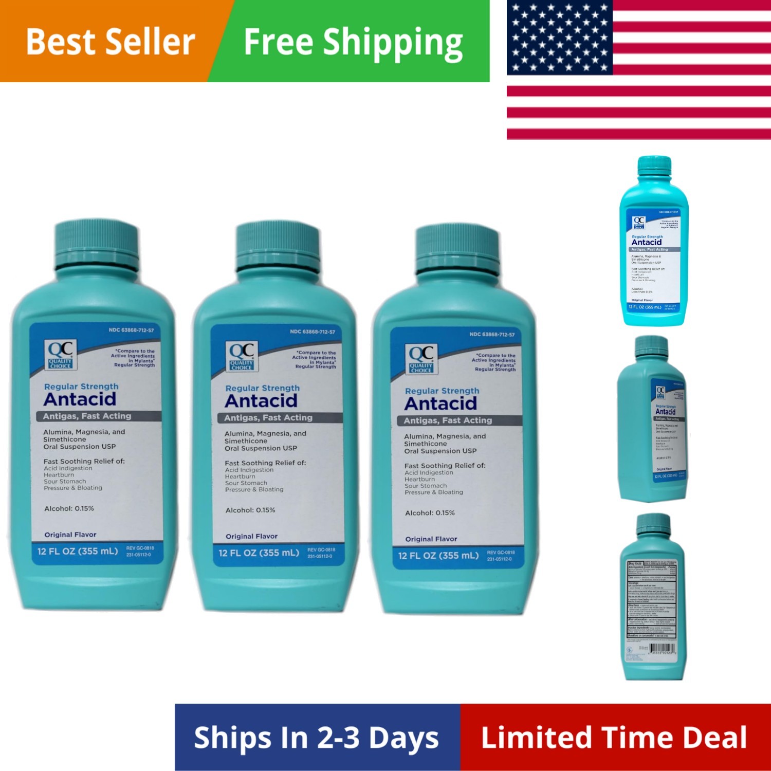 Pack of 3 Regular Strength Antacid Liquid  Flavor 12 Oz