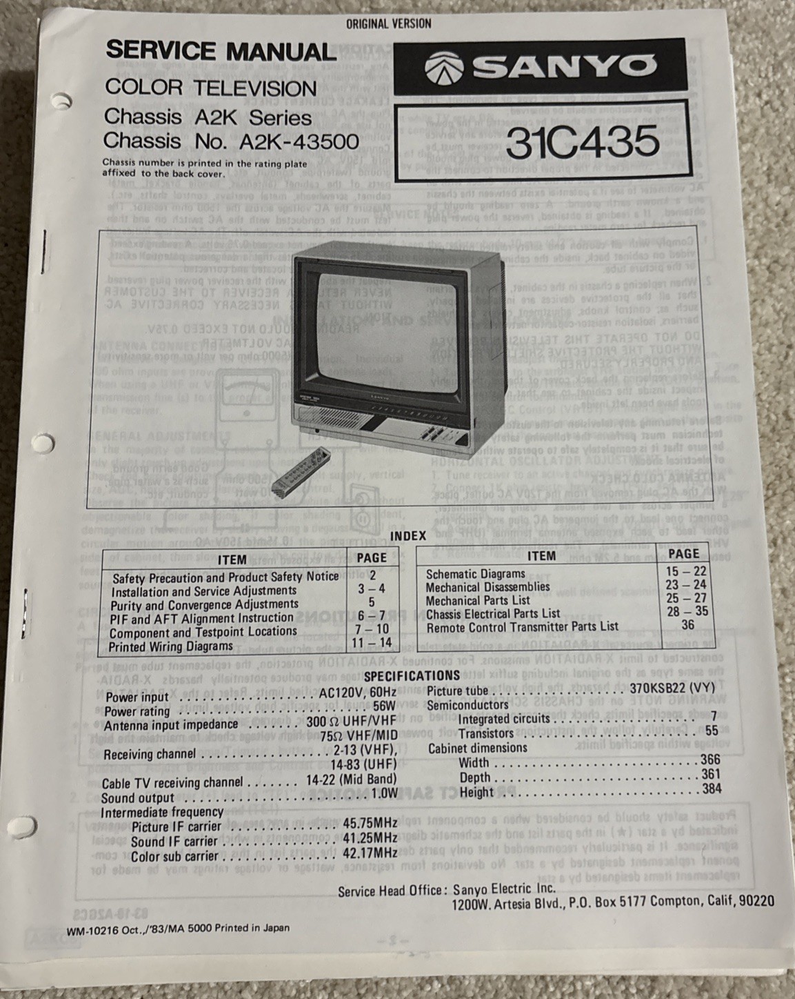 Sanyo.Oct/83/ 31C435 Color Televisión Cassette Recorder Service Manual