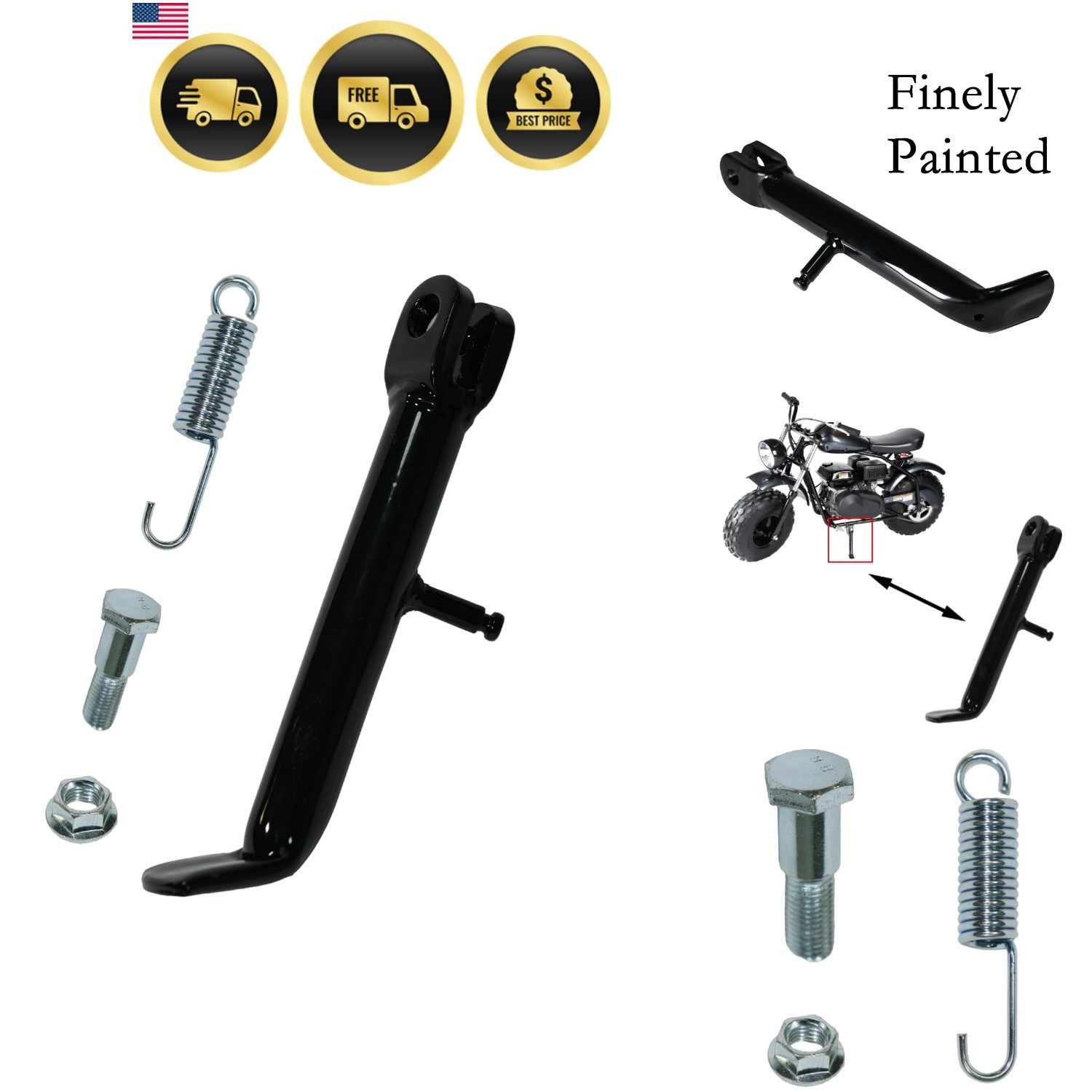 Mini Bike Kickstand with Spring for Powersports Bikes Black 215mm Stable Support