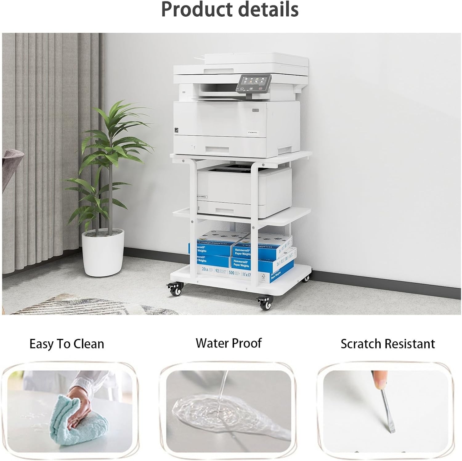 White Printer Stand 3 Tier Rolling Cart