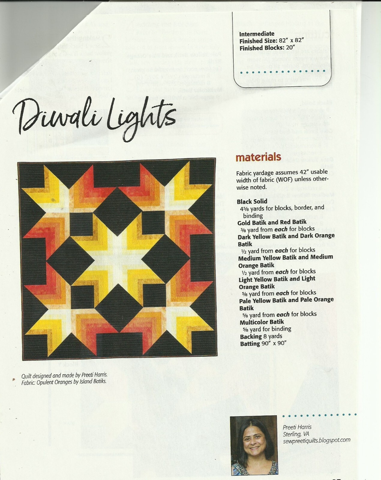 A0374 DIWALI LIGHTS QUILT PATTERN/INSTRUCTIONS