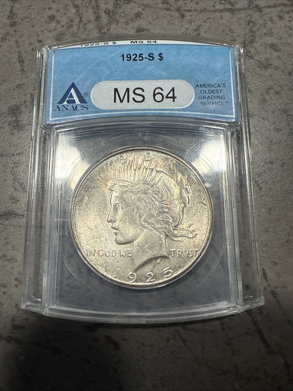 1925-S Peace Dollar ANACS MS64 Tough Date Nicely Toned Holder Cracked On Back