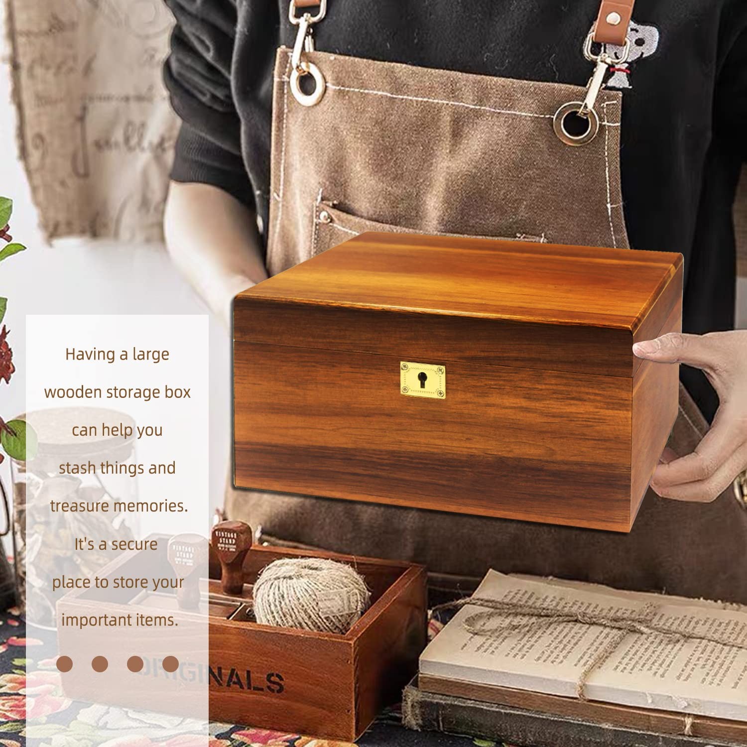 Wooden Storage Box with Hinged Lid and Locking Key Large Premium Solid Acacia...