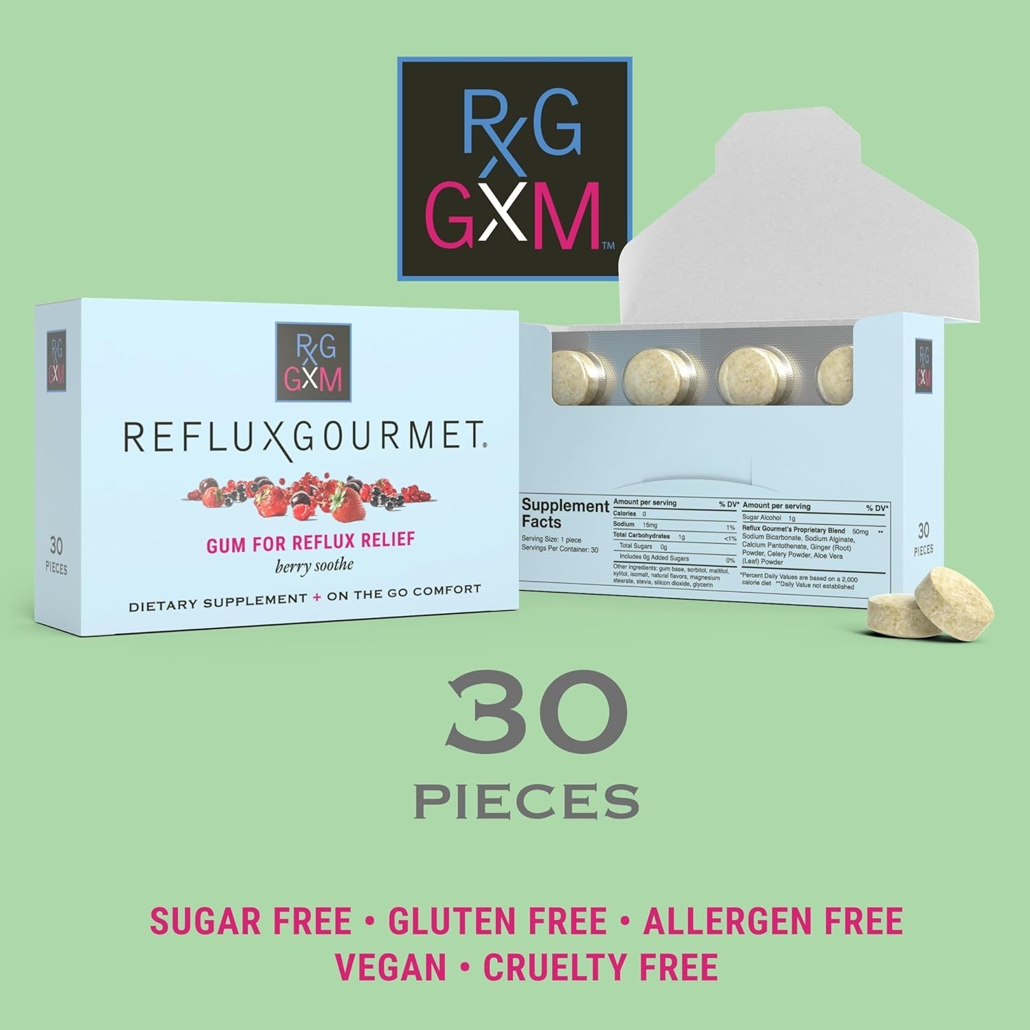 Berry Soothe Gum Alginate Therapy Sodium Bicarbonate Gum for Acid Reflux, Ora...