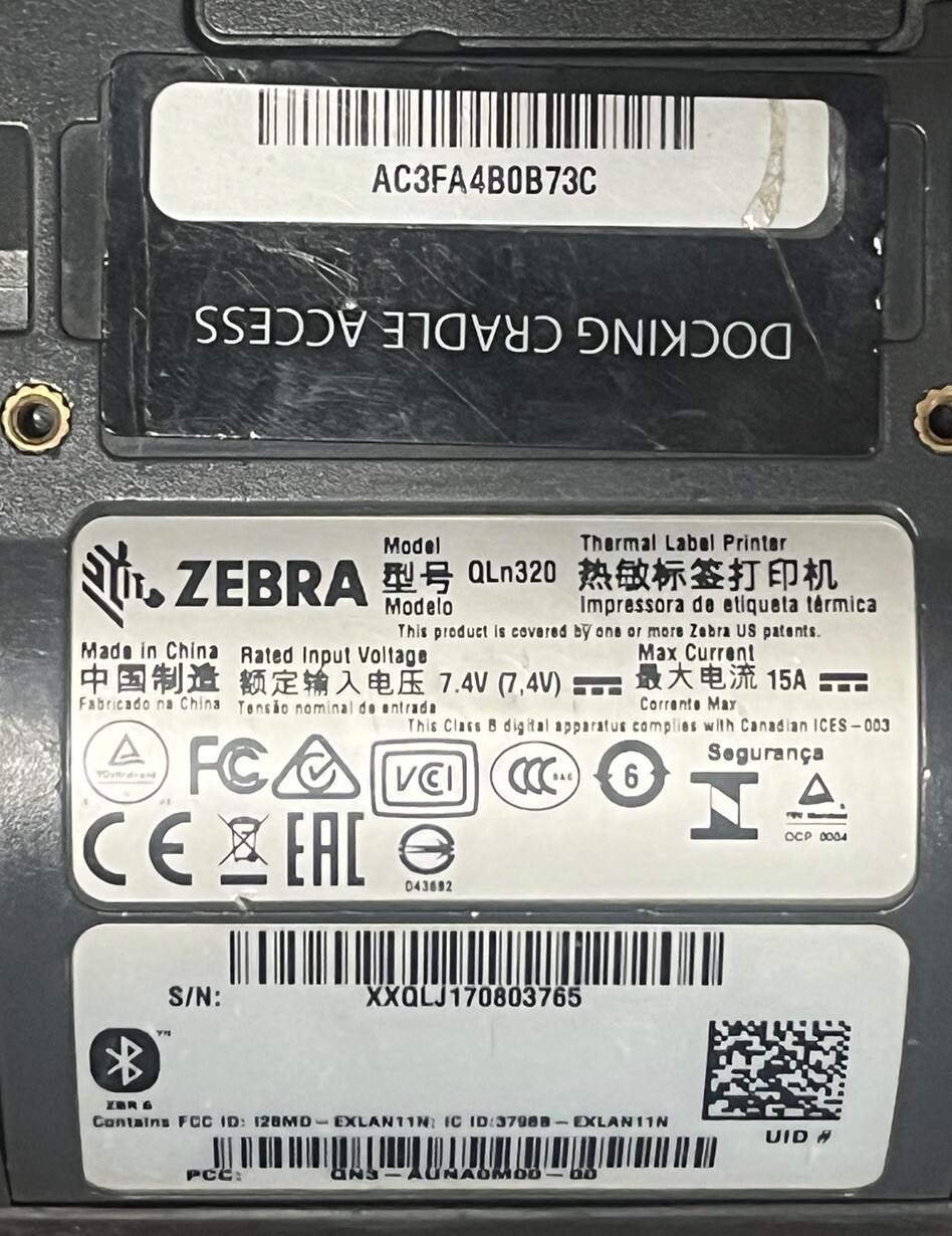 Zebra QLN320 Barcode Printer, WiFi, Bluetooth, Battery & Charging Cable