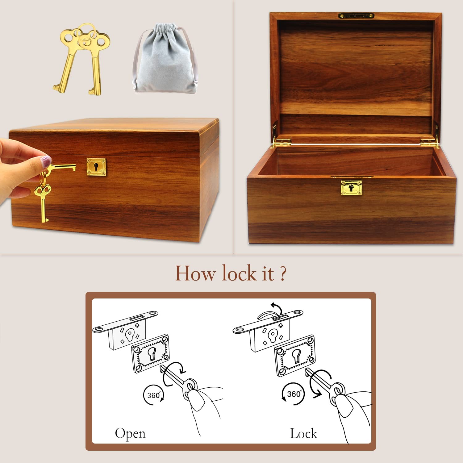 Wooden Storage Box with Hinged Lid and Locking Key Large Premium Solid Acacia...