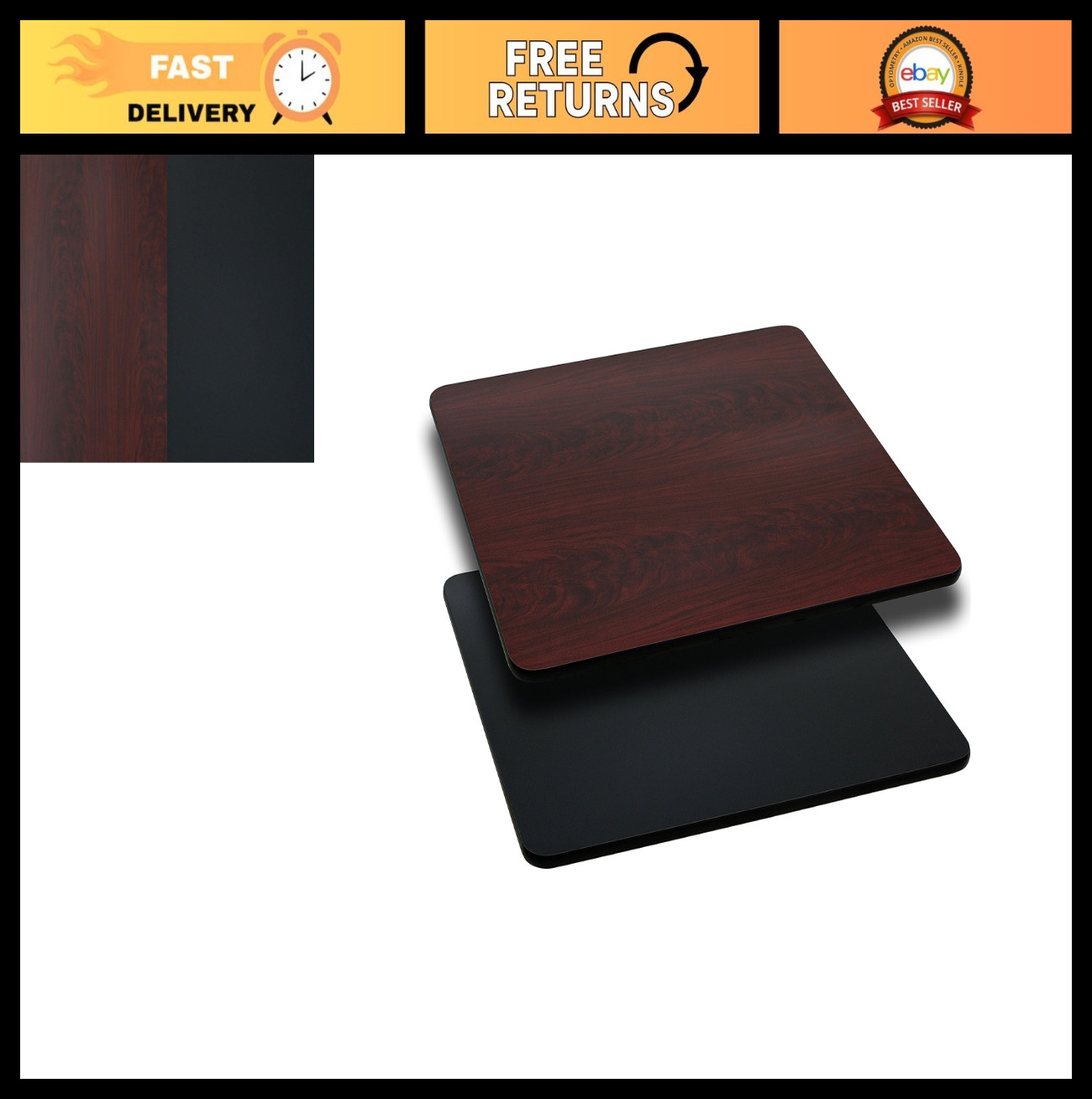 24" Square Reversible Laminate Table Top - Black/Mahogany, Dining/Office Use