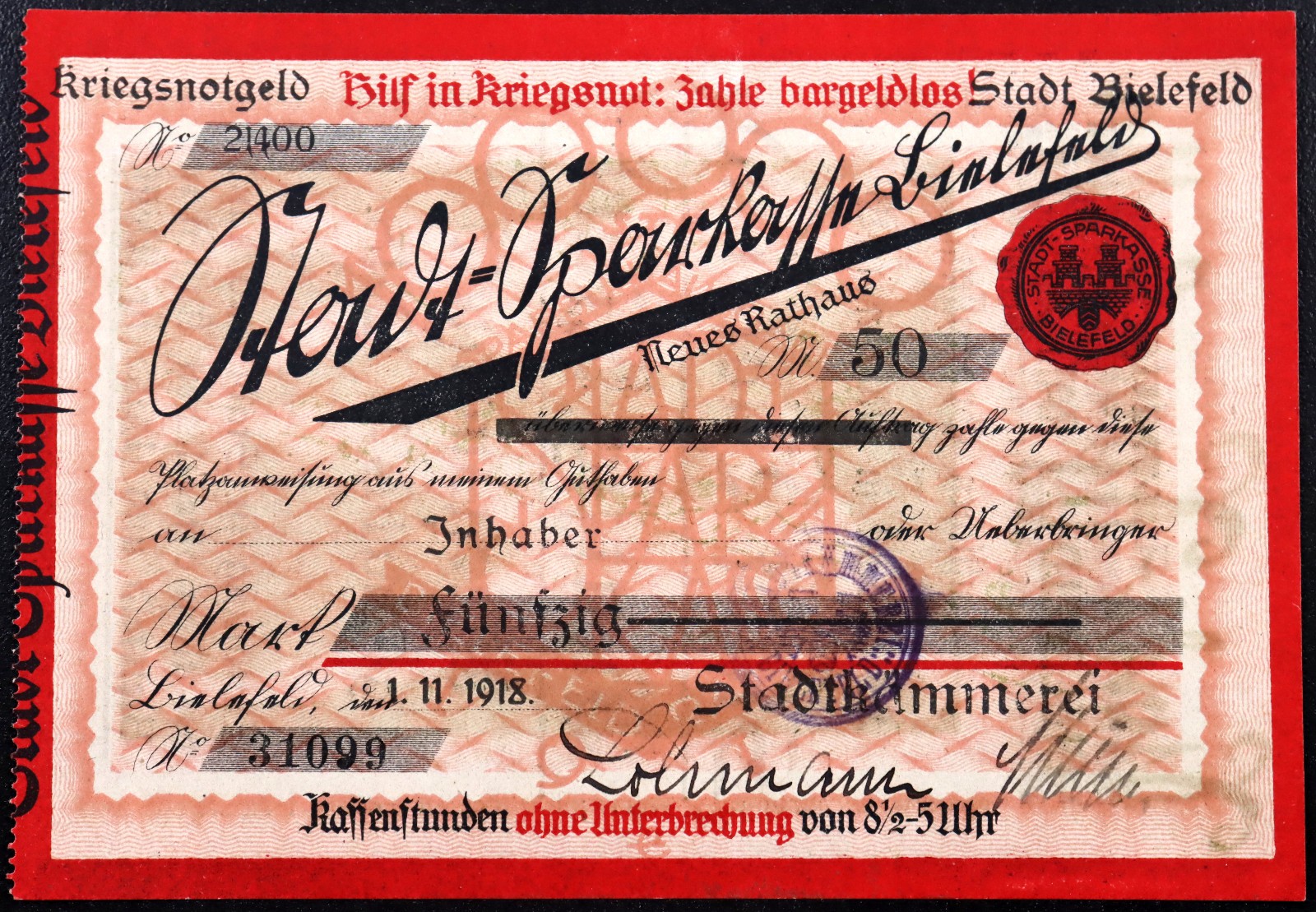 BIELEFELD 1918 XX-RARE w/o Reihe, Olive Reverse "City Treasury Check" 50 Mark