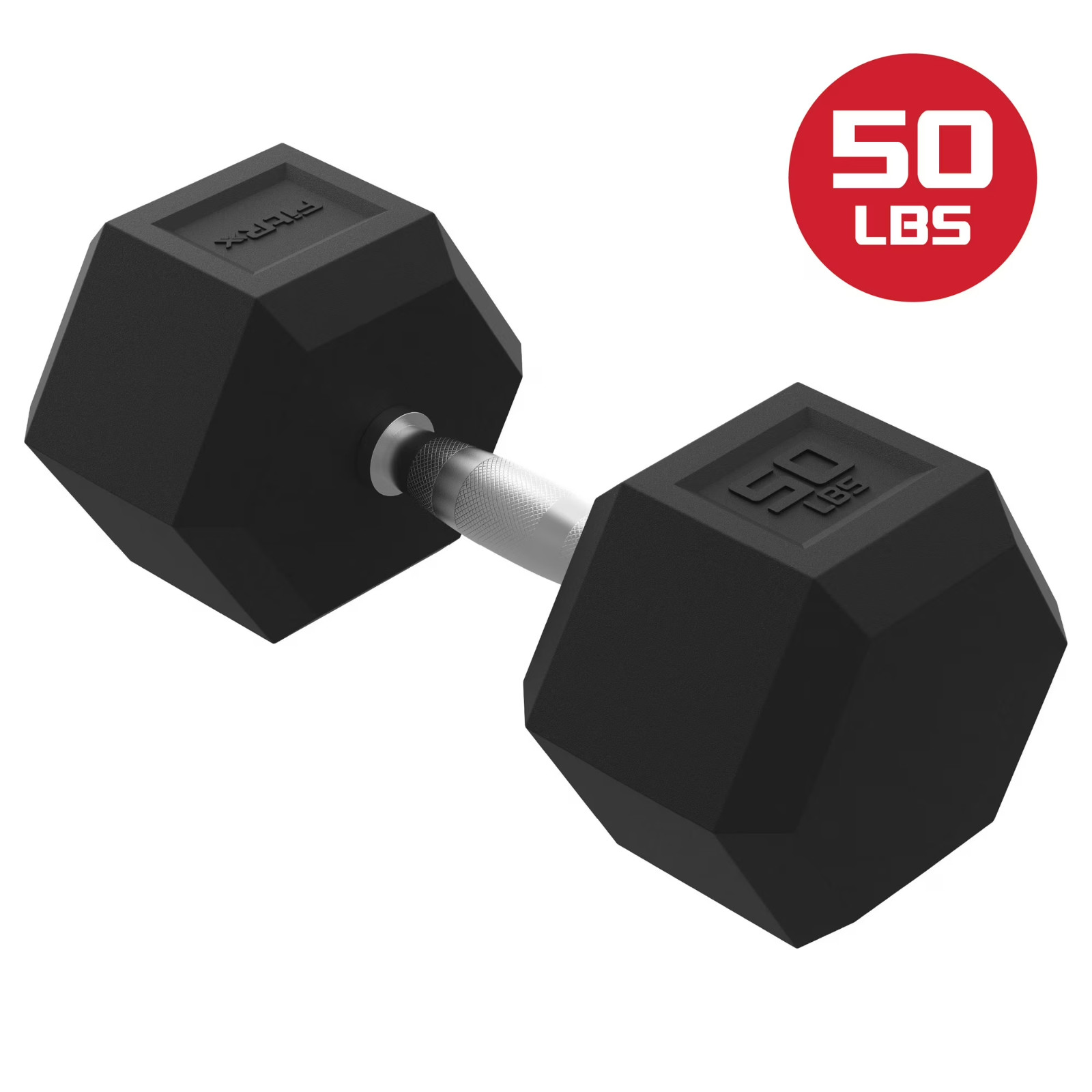 FitRx 50lb Rubber Hex Dumbbell Solid Steel Handle Durable Rubber Coating Single