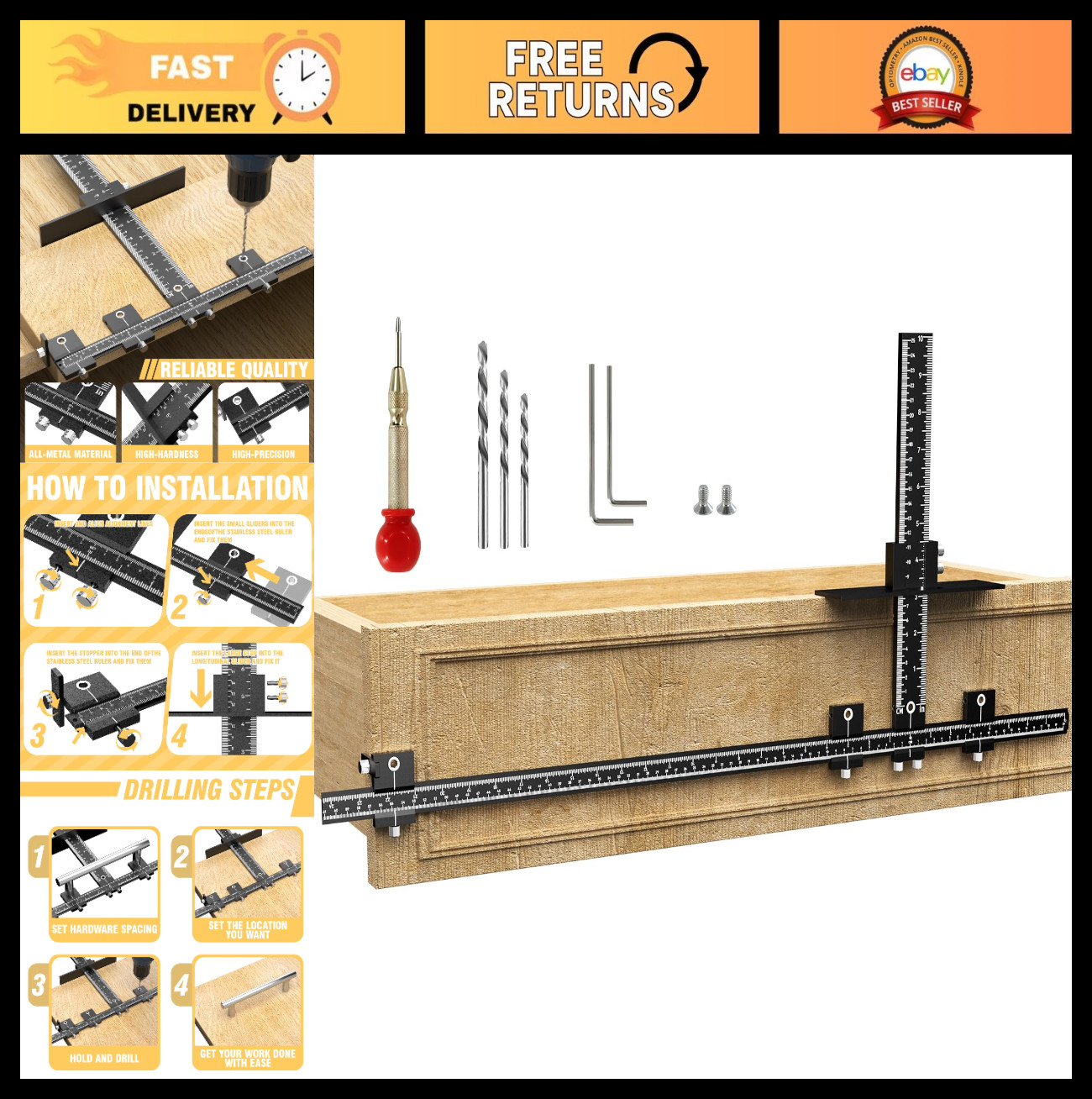 Adjustable Cabinet Hardware Jig Kit - 32" & 16" Drill Guide for Handles & Knobs