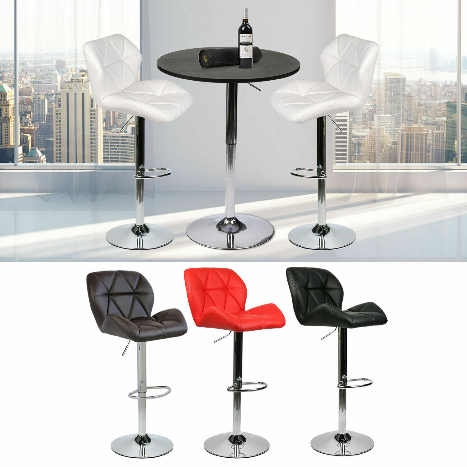 Set Of 2 Bar Stool Swivel Leather Seat Adjustable Pub Table Round Top Kitchen US