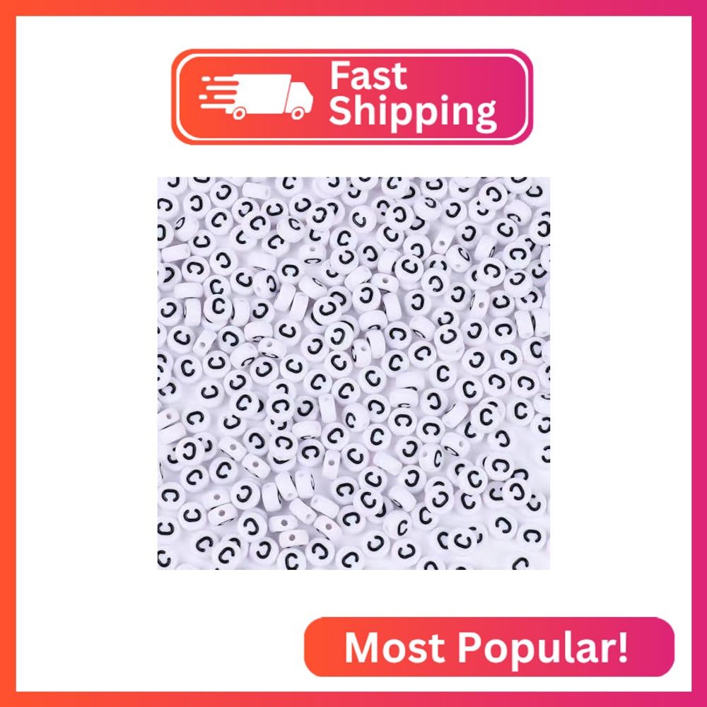 300Pcs Letter C Beads for Bracelets,4x7 mm White Bulk Round Acrylic Alphabet Bea