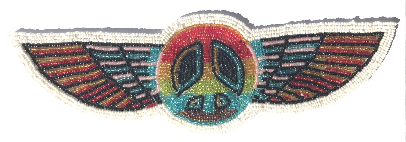 Peace Sign Symbol w/ Wings Beaded Sequined Sew-On Applique Craft Vintage 1980's
