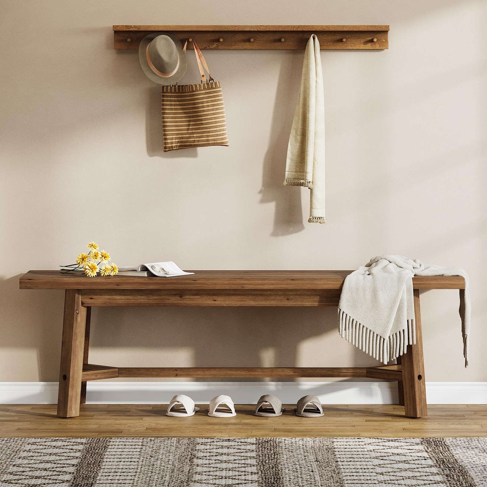 55" Solid Wood Farmhouse Bench Dark Brown