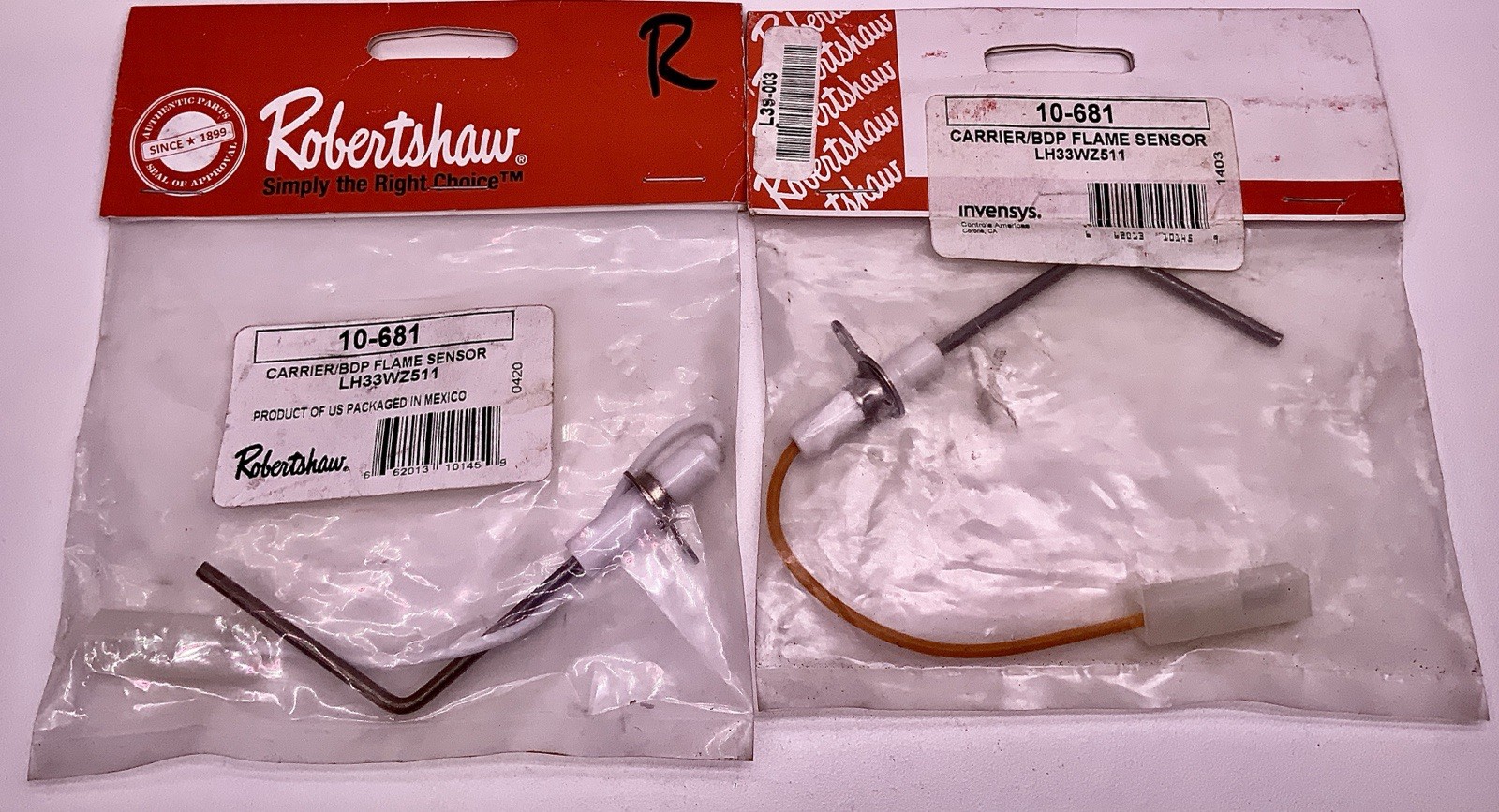 (Lot of 2) Robertshaw Invensys 10-681 Carrier/BDP Flame Sensors LH33WZ511