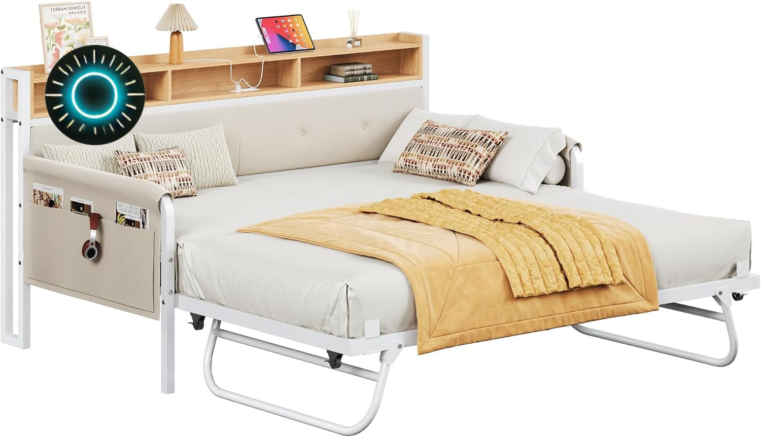 Stylish Twin Daybed with Trundle Upholstered Headboard & Charging Station NEW