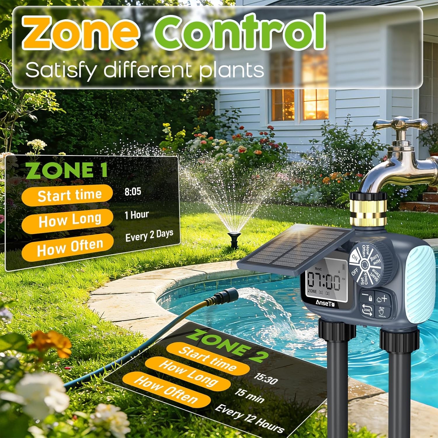 2 Outlet Solar Sprinkler Timer,Brass Inlet Hose Timer Garden Hose,Programmable