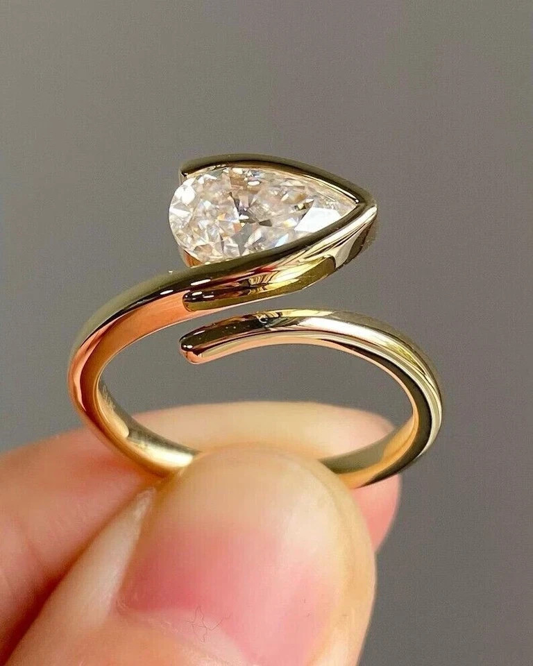 Bezel Setting Pear Cut 2.10 Ct Moissanite Engagement Wedding Ring