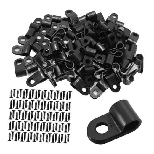 100Pcs R-Type Cable Clips Black Nylon Plastic Wire Clamps with Mounting 1/4"