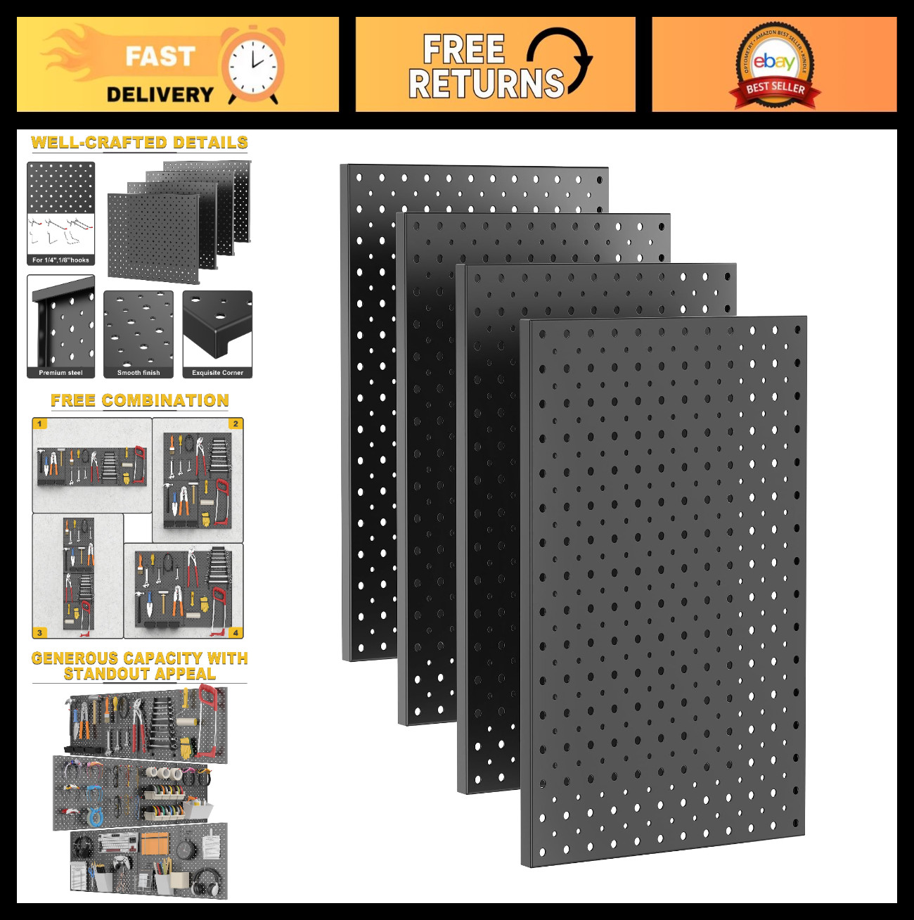 Metal Pegboard Panels - Wall Organizer for Garage Tool Storage, 12"x16", 4pcs