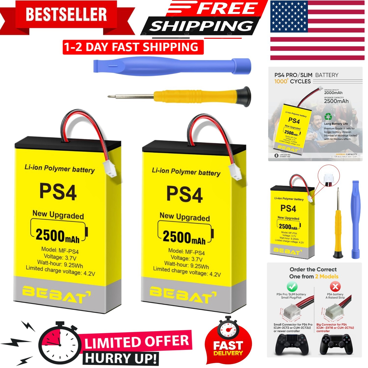 2pcs PS4 Controller Battery,2500mAh Replacement for PS4 Pro Slim Controller 2...